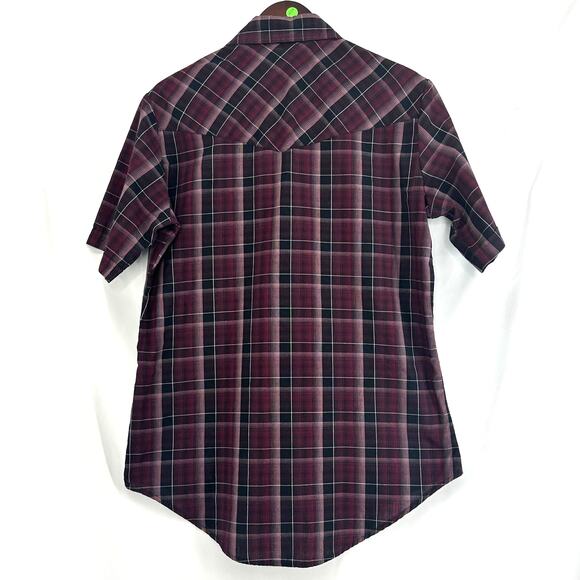 Vintage Ely Cattleman Western Shirt Mens Medium Pearl Snap Burgundy Black Plaid - Picture 2 of 6